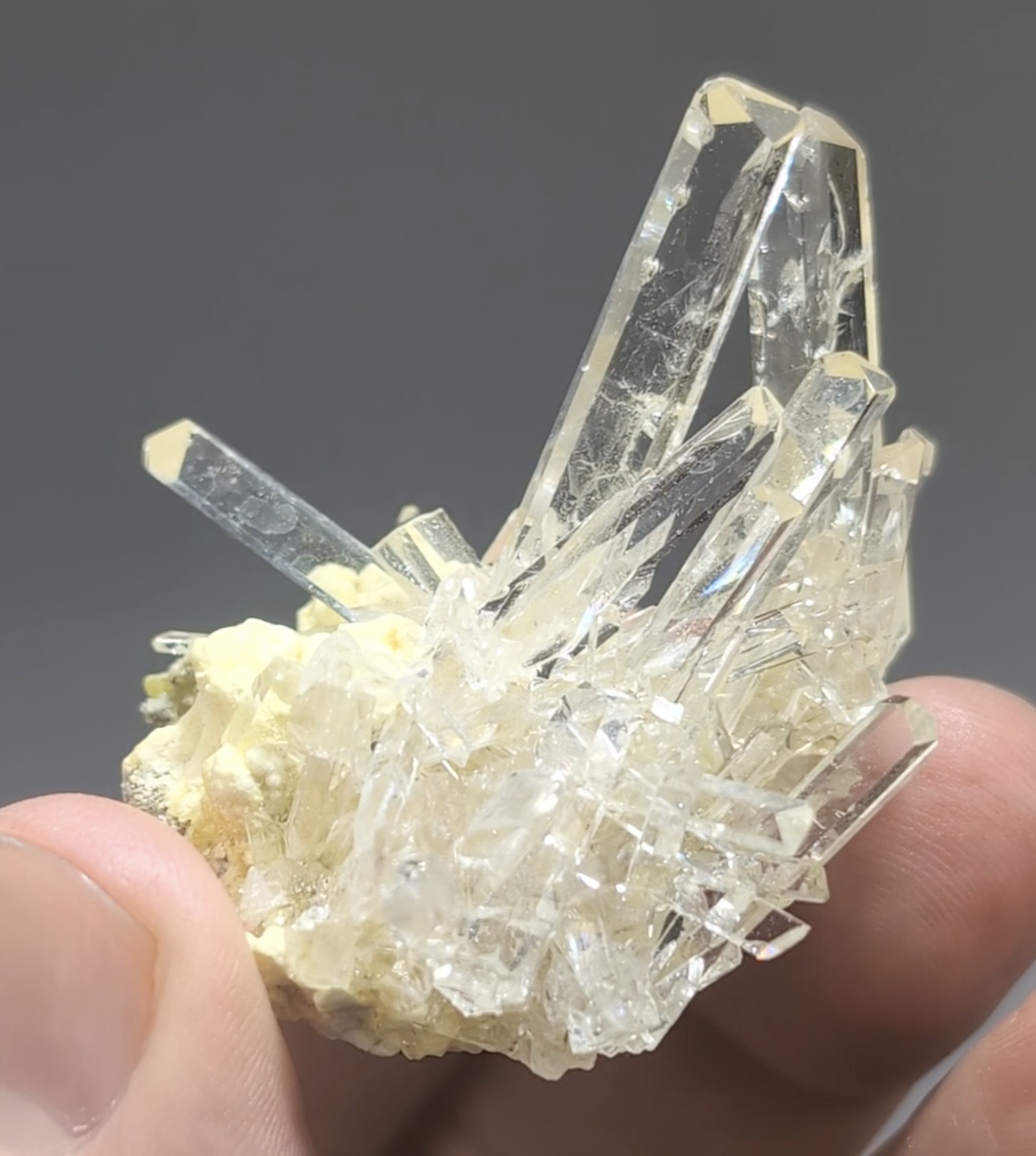 Celestine - Water-Clear Radiating Cluster on Native Sulphur, Machów Mine, Poland